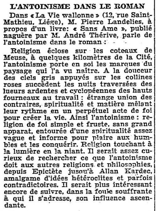 L'Antoinisme dans le roman (Le Soir, 27 juin 1932)(Belgicapress)