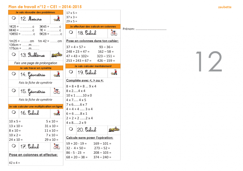 Plan de travail CE1 2014-2015 numéro 12