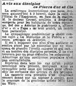 Avis aux disciples de Pierre d'or et Cie (Le Journal de Charleroi, 22 janvier 1911)(Belgicapress)