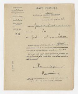 Certificat de la Légion d'Honneur de frère Albert Jeannin