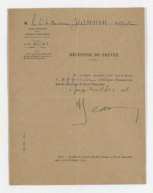 Certificat de la Légion d'Honneur de frère Albert Jeannin