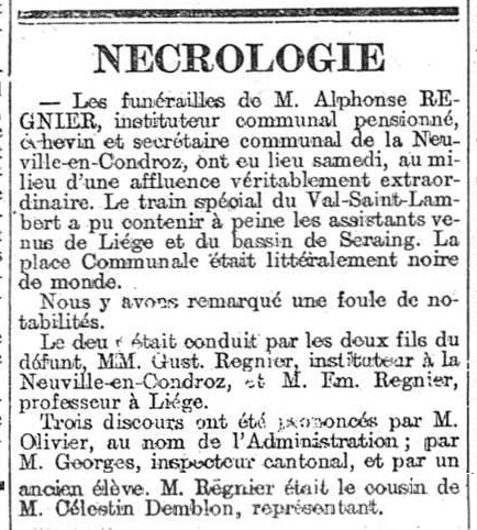 Mort d'Adolphe Regnier - Nécrologie (La Meuse, 4 février 1903)(Belgicapress)