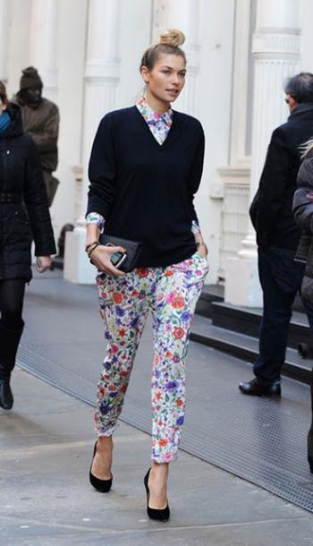 floral pants- floral shirt- navy sweater
