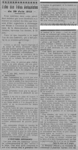 Écho des Fêtes Antoinistes du 29 Juin 1913 (Le Fraterniste, 11 juillet 1913)