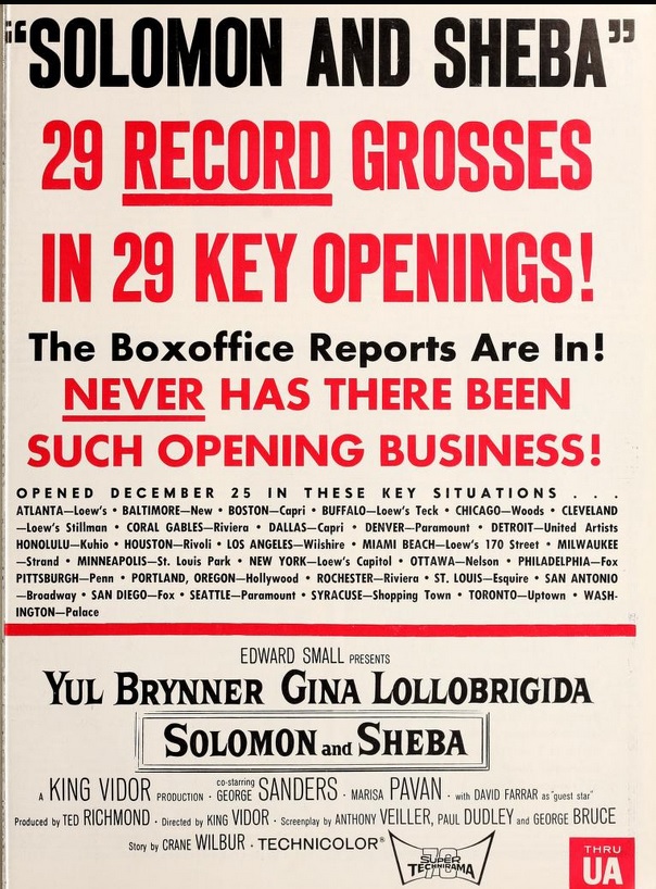 SOLOMON AND SHEBA (SALOMON ET LA REINE DE SABA) box office USA 1959