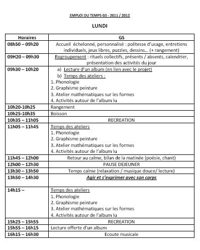 Emploi du temps GS
