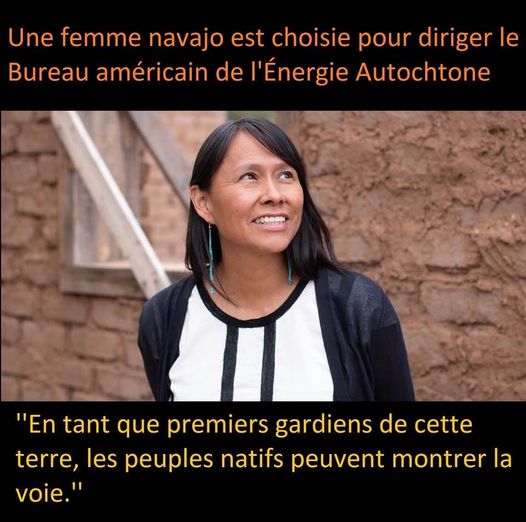 Peut être une image de 1 personne et texte qui dit ’Une femme navajo est choisie pour diriger le Bureau américain de l'Énergie Autochtone "En tant que premiers gardiens de cette terre, les peuples natifs peuvent voie." montrer la’