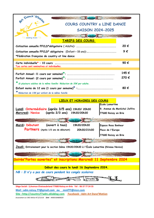 Tarifs de nos cours  2024 - 2025