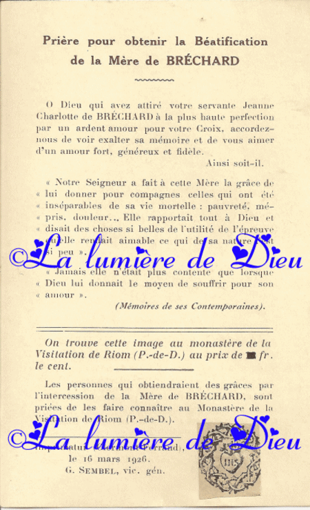 Prière pour obtenir la béatification de la Mère de Bréchard