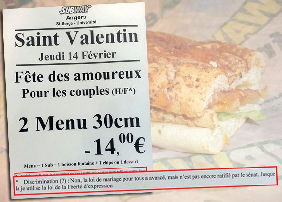 L'affiche du menu homophobe du Subway d'Angers L'affiche du menu homophobe du Subway d'Angers