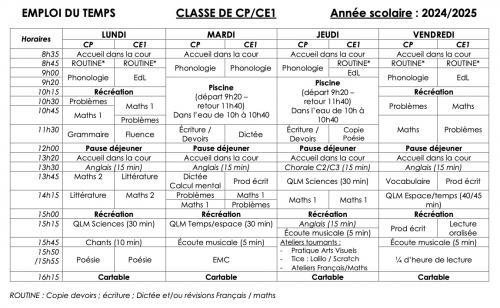 Emploi du temps CP/CE1 (avec natation)