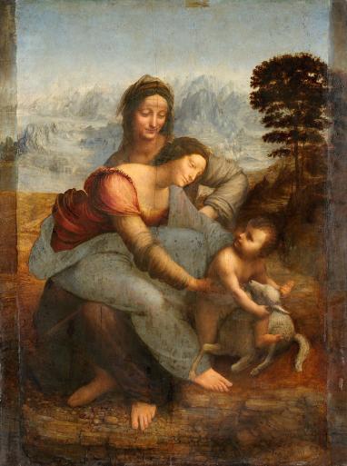 Peinture représentant dans un paysage naturel la Vierge Marie qui, assise sur les genoux de sainte Anne, est penchée vers l’Enfant Jésus qui enlace et enjambe un agneau.