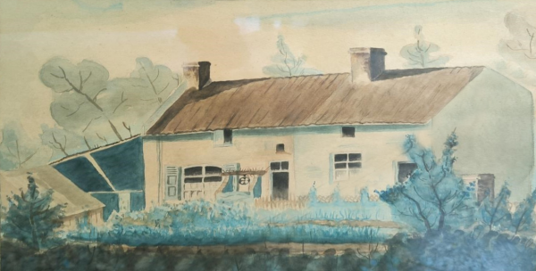 Aquarelle non signée représentant la maison natale de Père 2 (Archives du Temple de Retinne)