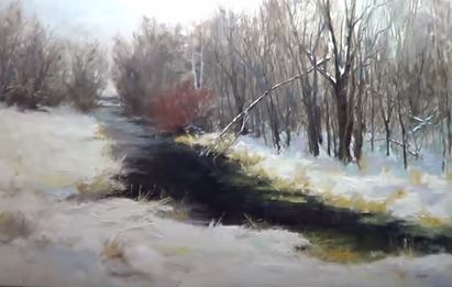 Dessin et peinture - vidéo 1637 : Des bosquets, de l'eau et de la peinture à l'huile, pour une ambiance hivernale.