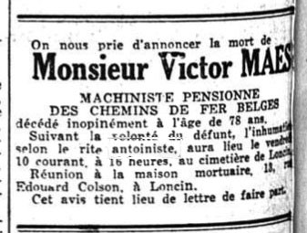 Faire-part - Victor Maes (La Meuse, 9 mars 1939)(Belgicapress)