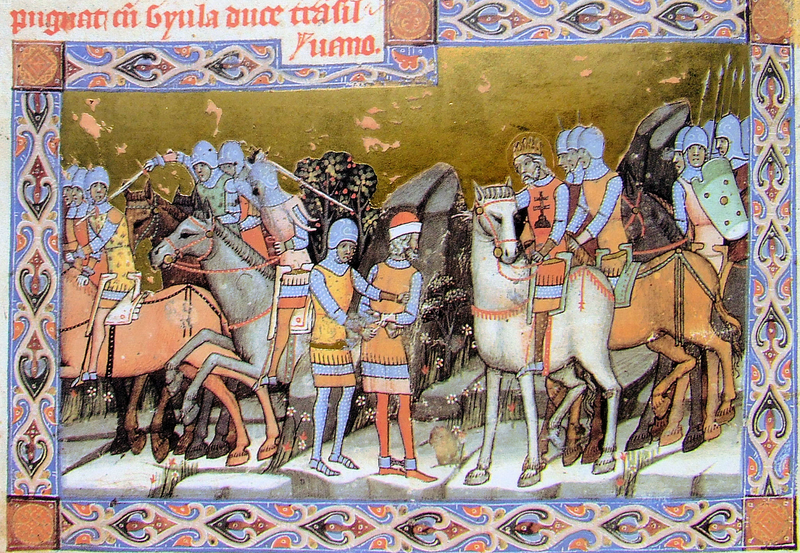 Enluminure montrant un homme en armure se faisant attacher les mains dans le dos par un soldat sous le regard de plusieurs cavaliers dont un porte un couronne