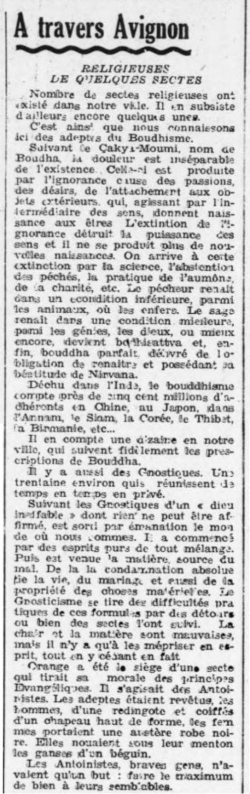 De quelques sectes (La Gazette provençale, 28 janvier 1947)