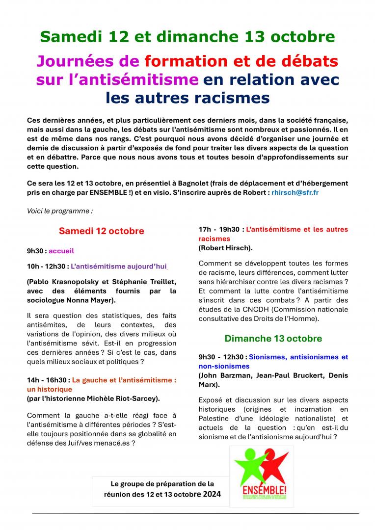 L'antisémitisme en relation avec les autres racismes en France aujourd'hui - Formation 12-13/10/2024 à Bagnolet et en visio