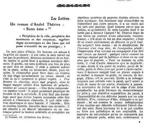 André Thérive, Sans Ame (L'Europe nouvelle 28 janvier 1928)