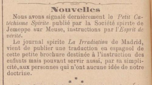 Petit Catéchisme Spirite en espagnol (Le Messager, 15 octobre 1897)