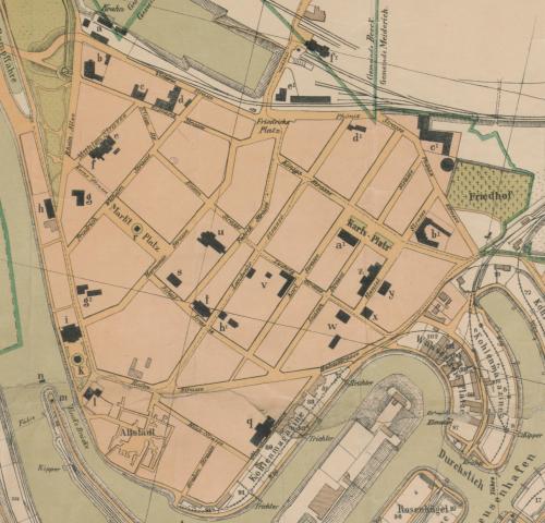 Ruhrort fin XIXe s., h = synagogue (Übersichtsplan der Stadt Ruhrort und des Ruhrorter Hafens)(ddb.de)