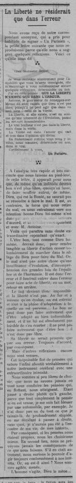 La liberté ne résiderait que dans l'erreur (Le Fraterniste, 25 janvier 1912)