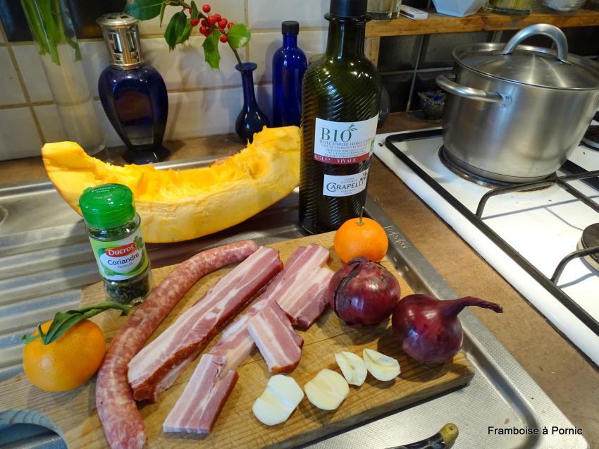 Potiron rôti, lard fumé et chipolatas