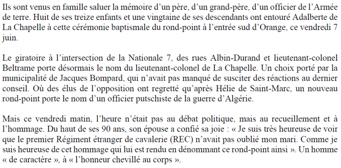 Hommage de la municipalité d'Orange à un officier félon le 7 juin 2019 - Suite.