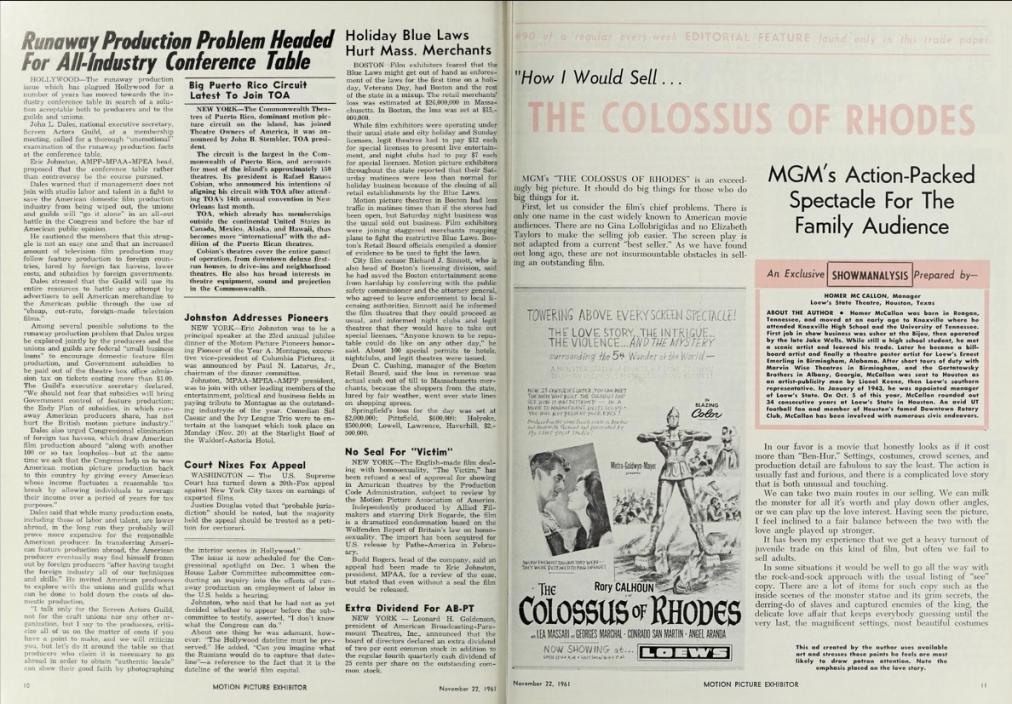 LE COLOSSSE DE THODES BOX OFFICE USA 1961