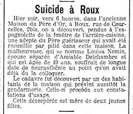 Suicide à Roux (Gazette de Charleroi, 4 mai 1922)(Belgicapress)