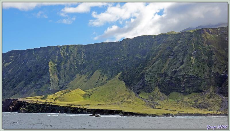 Après le champ de patates, nous arrivons à Cave Point, avec ses "résidences secondaires" et ses vaches en liberté - Tristan da Cunha