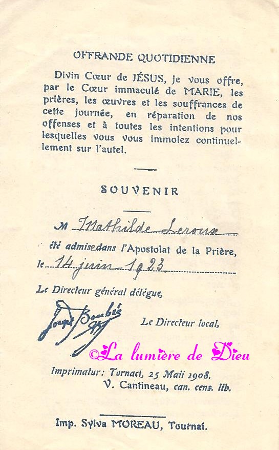 Apostolat de la prière : billet d'admission