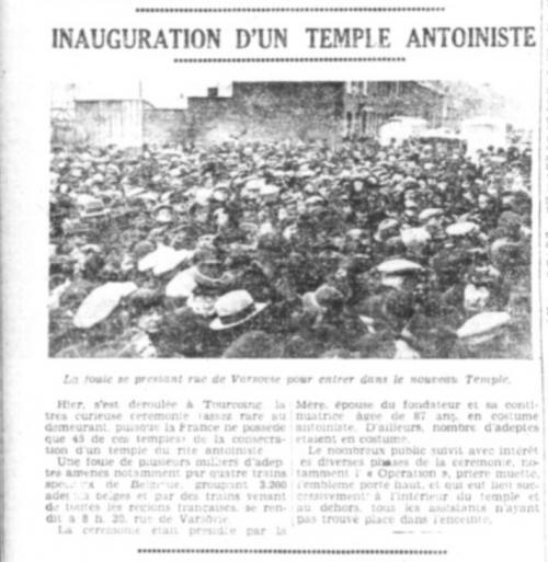 Inauguration d'un temple antoiniste (L’Egalité Roubaix-Tourcoing, 13 Décembre 1937)