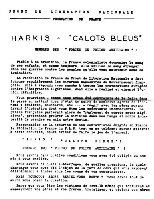 Lettre FLN au Harkis