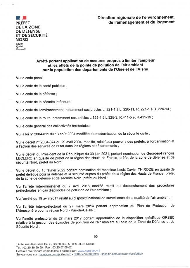 Arrêté pour limiter la pollution de l'air, valide jusqu'au 10/02/2023