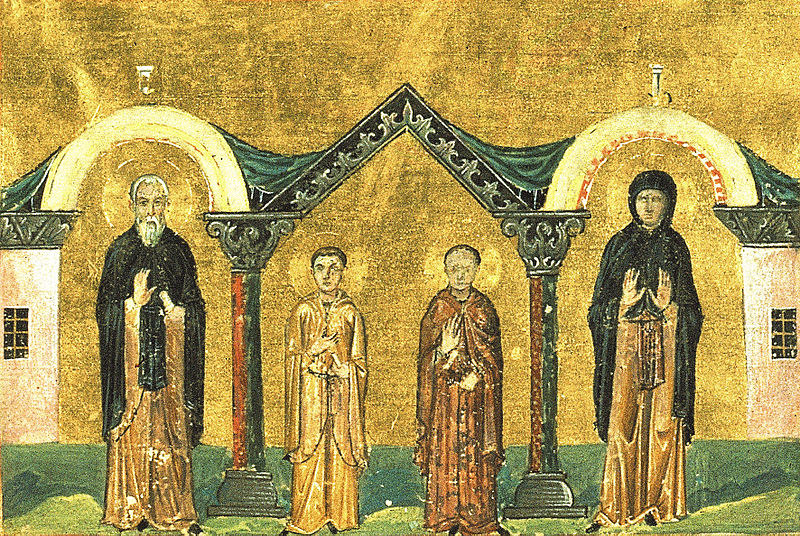 Xenophon and his wife, Saint Mary, and their two sons, Arcadius and John, of Constantinople (Menologion of Basil II).jpg