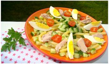 SALADE DE PÂTES AU THON,CONCOMBRE ,OLIVES,ŒUFS ET TOMATES CERISE