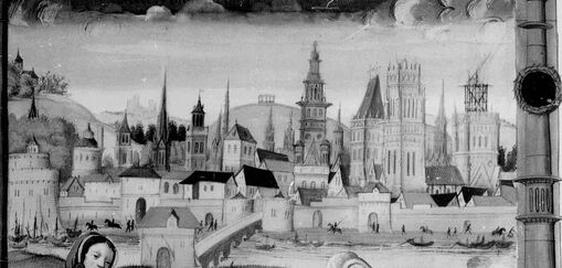 Miniature du Maître des Heures Ango extraite du Recueil des Chants royaux de Rouen, vers 1530-1535 montrant la cathédrale après l'incendie de la tour grêle