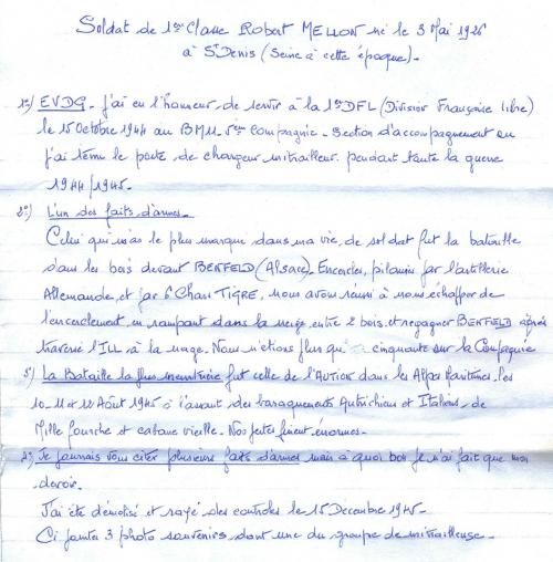 * Trésor d'archives - Témoignage du soldat de 1re classe Robert MELLON.