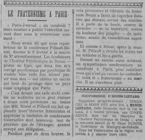 Le Fraternisme à Paris (Le Fraterniste, 14 mars 1913)