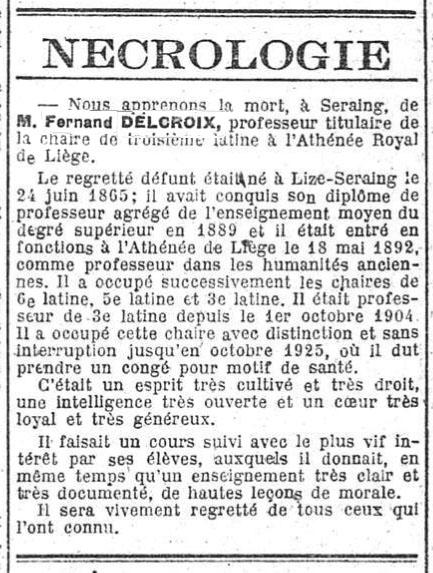 Nécrologie - Fernand Delcroix (La Meuse, 12 février 1926)(Belgicapress)