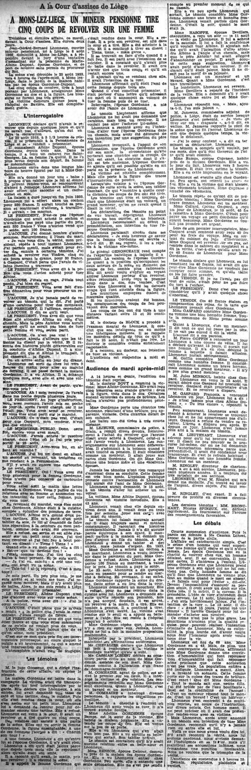 À Mons-lez-Liège, un mineur pensionné tire cinq coups de révolver sur une femme (La Meuse, 28 mars 1934)(Belgicapress)