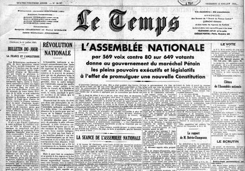 Le Temps 12 juillet 1940 - au lendemain du vote des pleins pouvoirs à Pétain