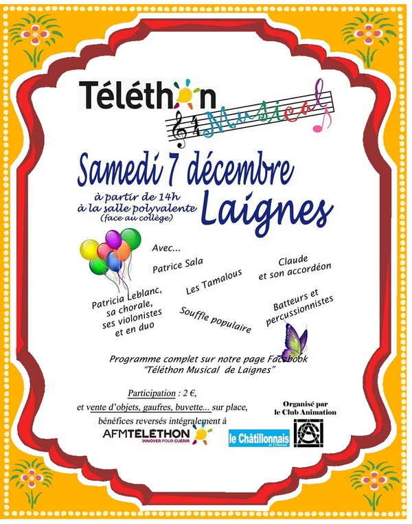 Le Téléthon de Laignes aura lieu samedi 7 décembre 2019 venez nombreux !
