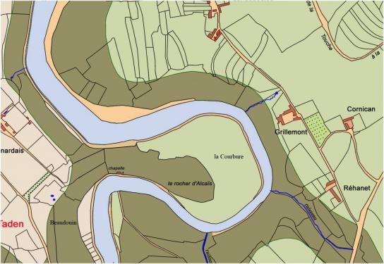 Peut être une image de carte et texte qui dit ’Touche nardais Cornican chapelle Grillemont la Courbure le rocher d'Alcaïs aden Beaudouin ruisseau N Réhanet’