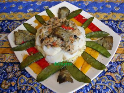 Morue, écrasée de p de terre, légumes variés, hâchis provençal