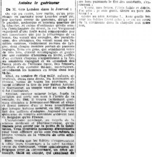 Cinq mille pèlerins célèbrent le culte d'Antoine le Guérisseur (Le Journal, 26 juin 1924)