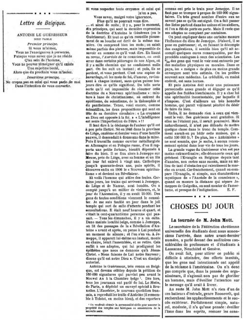 Lettre de Belgique (L'Essor, Lausanne, 11 février 1911)