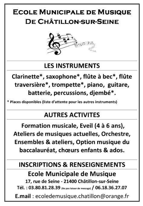 Inscriptions à l'Ecole Municipale de Musique de Châtillon sur Seine