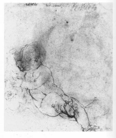 Dessin en grande partie effacé : seul l’Enfant Jésus apparait clairement, dans une position demi-assise.